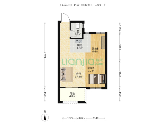 国贸象屿星璟原B区 2室1厅1卫 60平方
