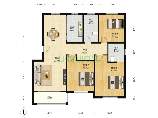 乐江花苑三期 3室1厅2卫 130平方