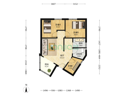 粮油宿舍 3室1厅1卫 64平方