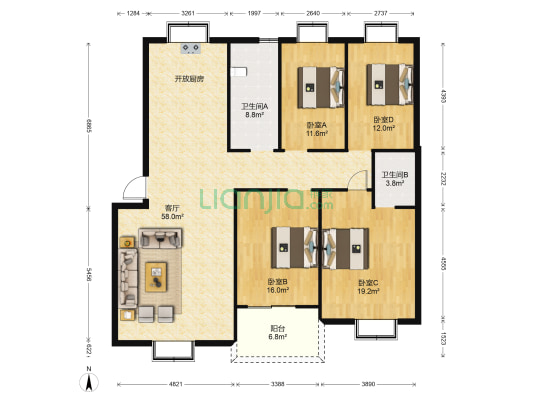 龙泰花园 4室1厅2卫 162平方