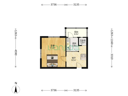 起发里 1室1厅1卫 41平方