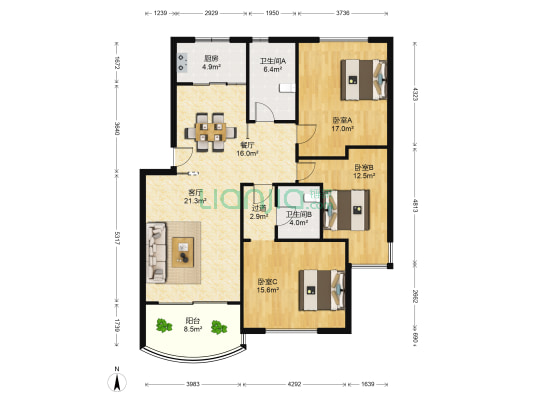 汇宇都市花园月亮湾园区 3室2厅2卫 125平方