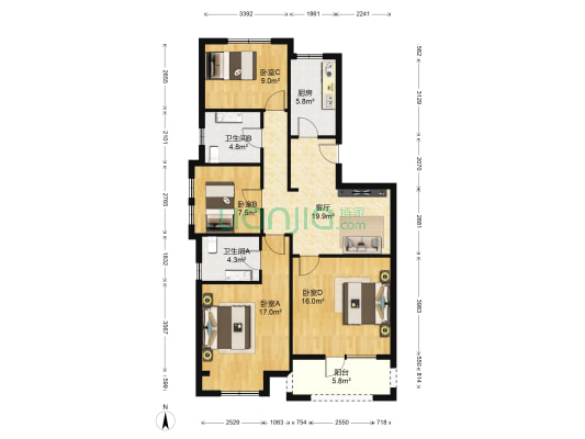 金地仰山西区 4室1厅2卫 122平方