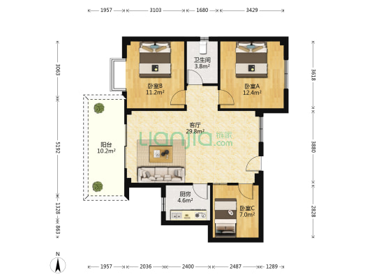加州花园 3室1厅1卫 173平方
