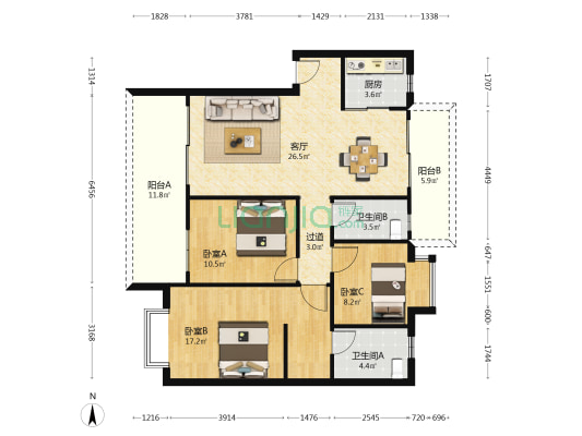 双晖轩小区 3室1厅2卫 104平方