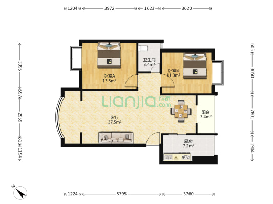 富地名城 2室1厅1卫 91平方