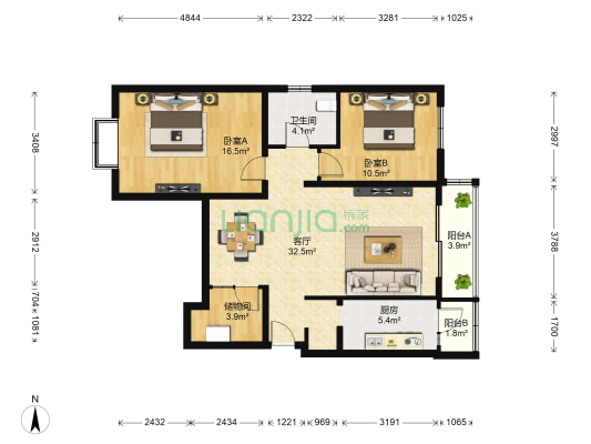 珠江骏景南区 2室1厅1卫 114平方