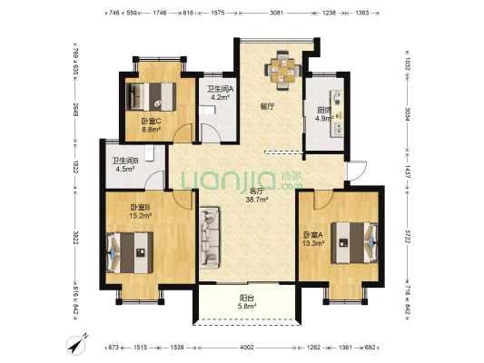 北尚A区 3室1厅2卫 105平方