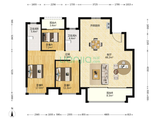 伟星天玺 3室1厅2卫 128平方