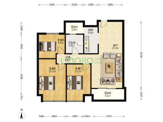 成美翡翠湾 3室1厅1卫 106平方