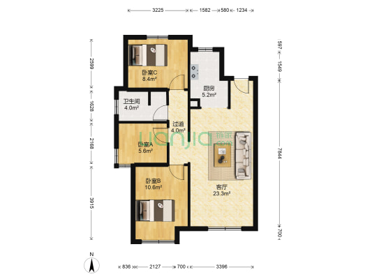 潮白河孔雀城华清园 3室1厅1卫 91平方