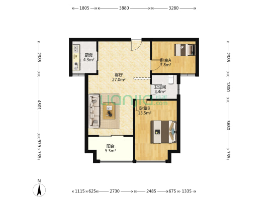 依山蝶院 2室1厅1卫 79平方