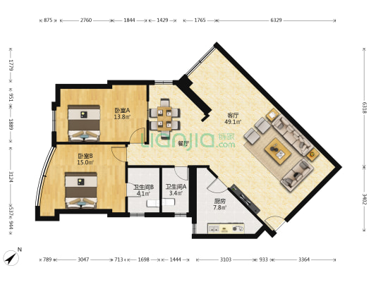 国联大厦 2室1厅2卫 125平方
