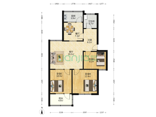 市检察院宿舍 3室2厅1卫 94平方