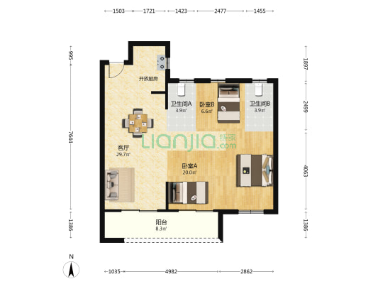 盈福一号 2室1厅2卫 90平方