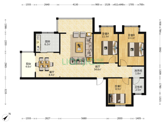 三和丽水香江南区 3室2厅2卫 105平方