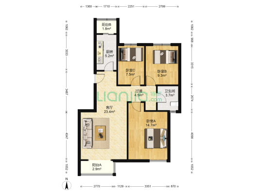 宝翠花都探景园 3室1厅1卫 98平方