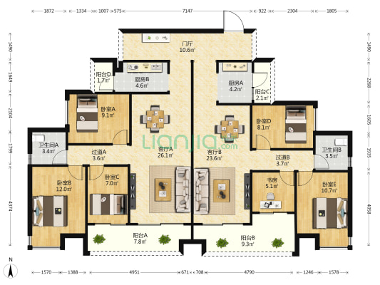 医大蟠龙瑧泽苑 6室2厅2卫 188平方