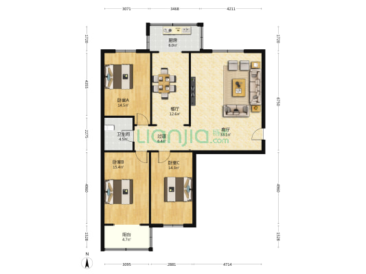 福康小区 3室2厅1卫 132平方