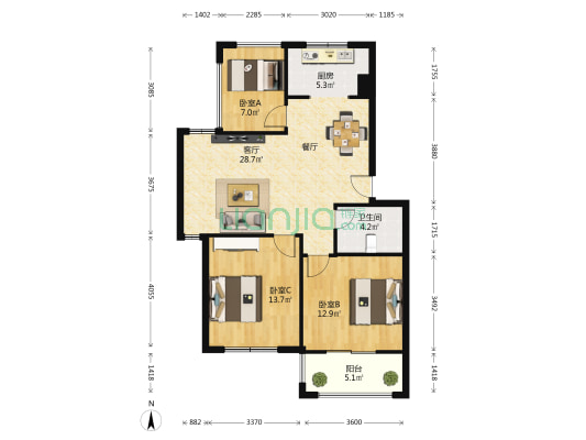九浪山花园 3室1厅1卫 89平方