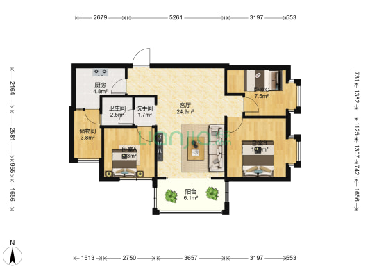 大方居 3室1厅2卫 86平方