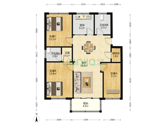 永翔新村 3室1厅2卫 106平方