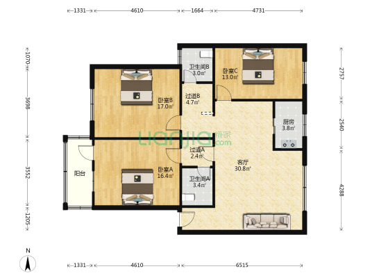 江中小区 3室1厅2卫 117平方