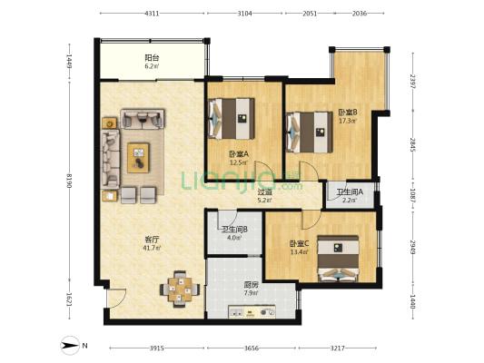 地质大院 3室1厅2卫 136平方