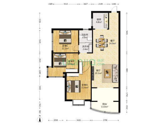 滨江首座 3室2厅2卫 97平方