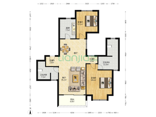 名门峰景园 2室1厅2卫 143平方