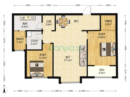 鸿泰景园 2室1厅1卫 124平方