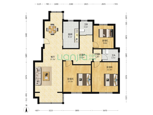 新民花苑 3室1厅2卫 134平方