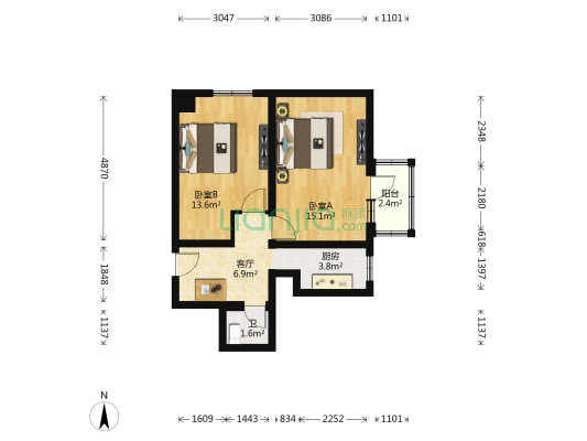 东营房九条 2室1厅1卫 55平方