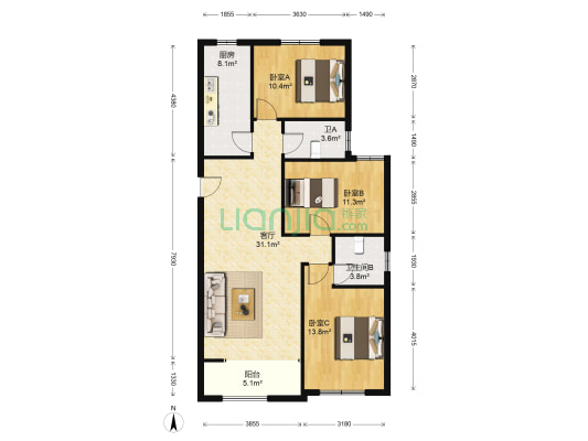 傲湖铂岸 3室1厅2卫 125平方