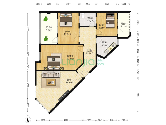桃园大院 3室1厅1卫 128平方