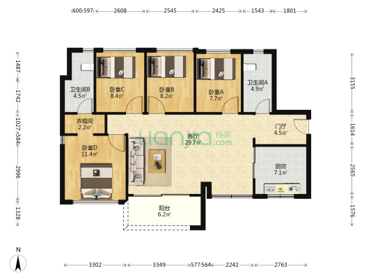 合正方洲润园 4室1厅2卫 116平方