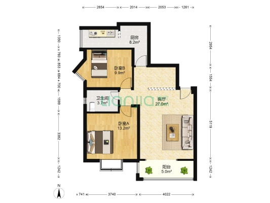 沙河源上金府 2室1厅1卫 88平方