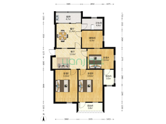 法院宿舍 3室2厅1卫 102平方