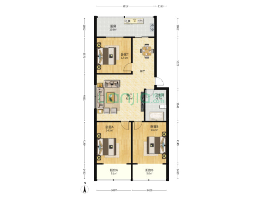 外贸宿舍 3室1厅1卫 122平方