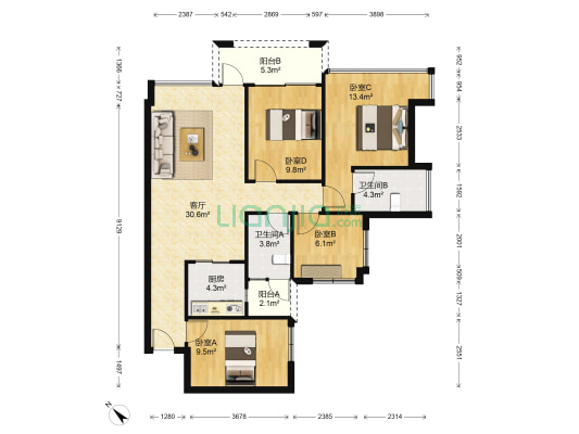 信义嘉御山5期 4室1厅2卫 88平方