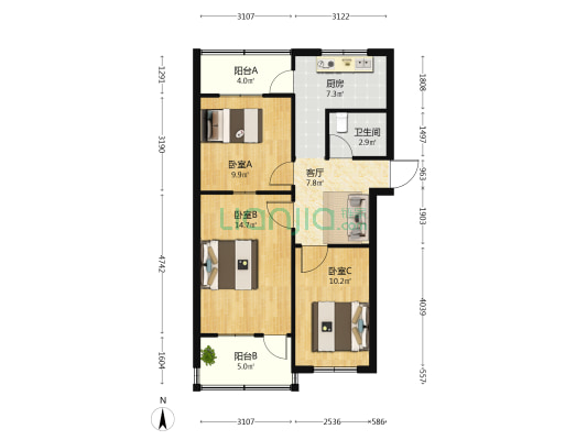 利民街3号院 3室1厅1卫 69平方