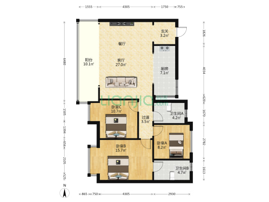 北辰鹿鸣院 3室1厅2卫 110平方