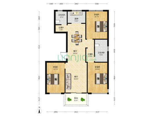 吉翔观塘江樾唐风会馆 3室2厅2卫 136平方
