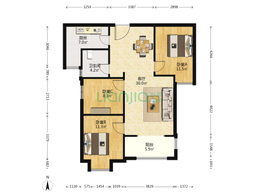 君荟天地 3室1厅1卫 100平方