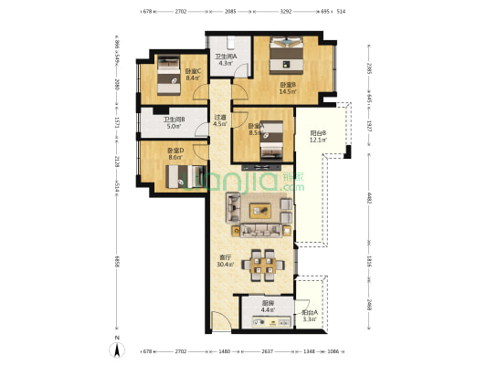 蓝光观岭国际社区翡翠湾 4室1厅2卫 118平方