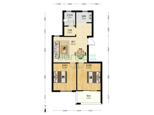 绿洲花苑 2室1厅1卫 86平方