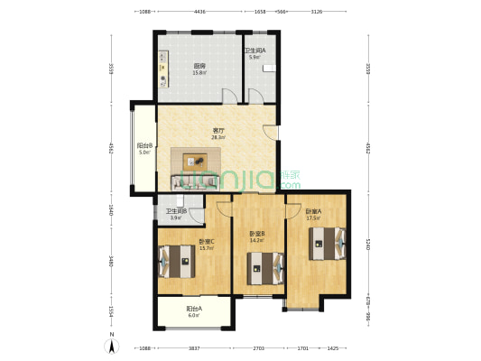 金地小区东区 3室1厅2卫 150平方