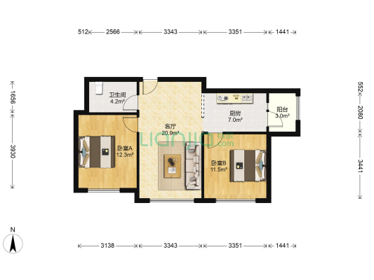 恒大天地人和 2室1厅1卫 87平方