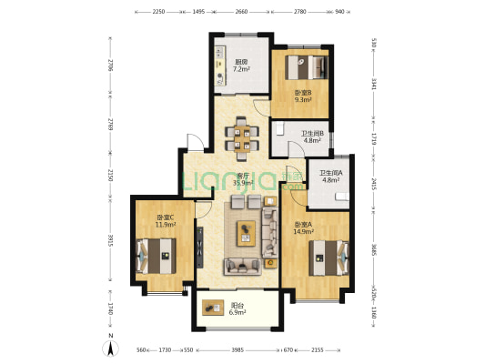 恒大青运城 3室1厅2卫 141平方