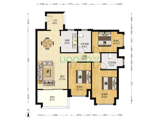 四季华庭阳光华府 3室1厅2卫 120平方